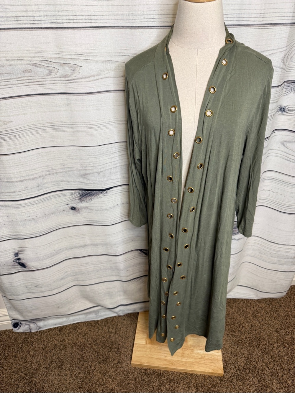 Belldini Olive Green Long Open Cardigan with Grommet Trim